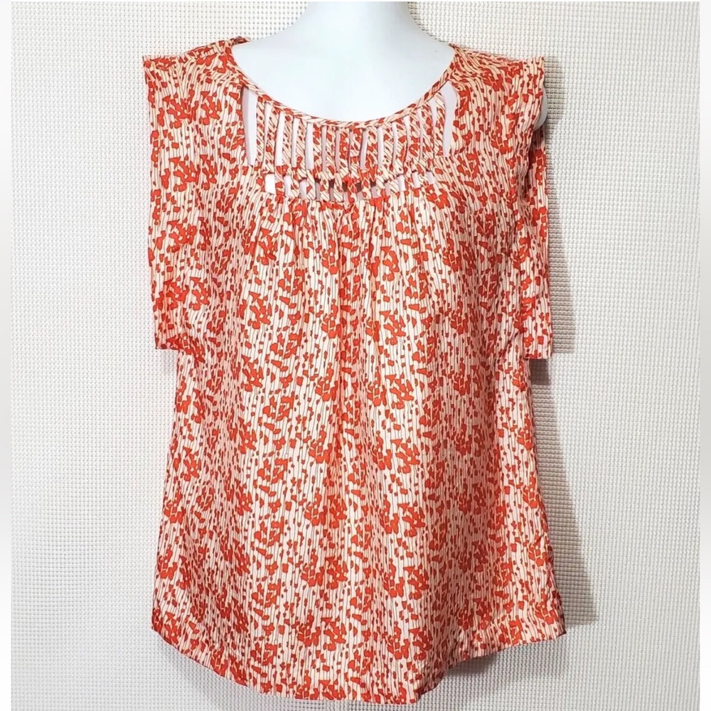LOEFFLER RANDALL 100% SILK SLEEVELESS KIMONO BLOUSE IN ORANGE & IVORY - SIZE 6